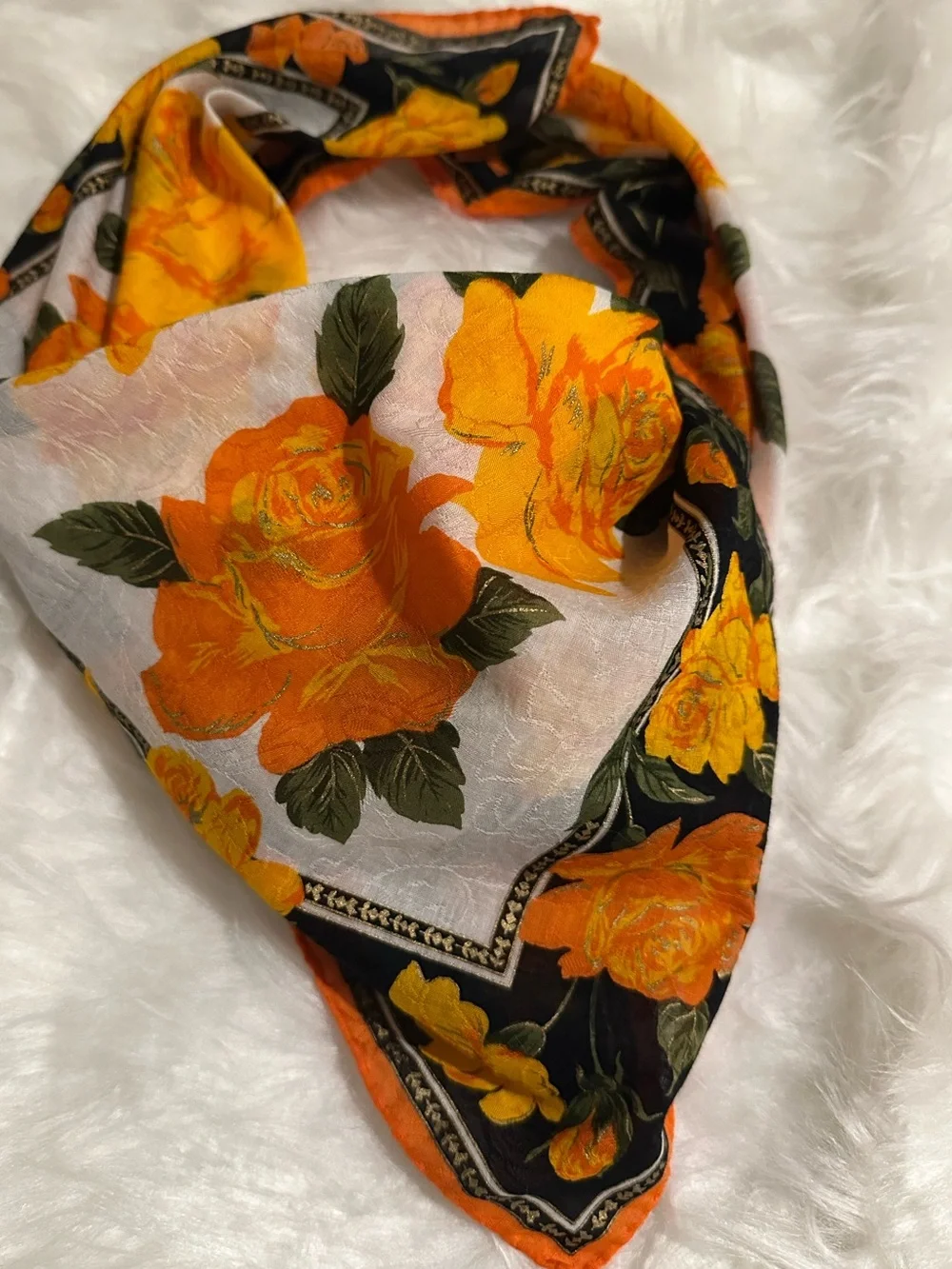 Yves Saint Laurent Floral Cotton Square Scarf Orange Yellow Roses 19” - Picture 6 of 7